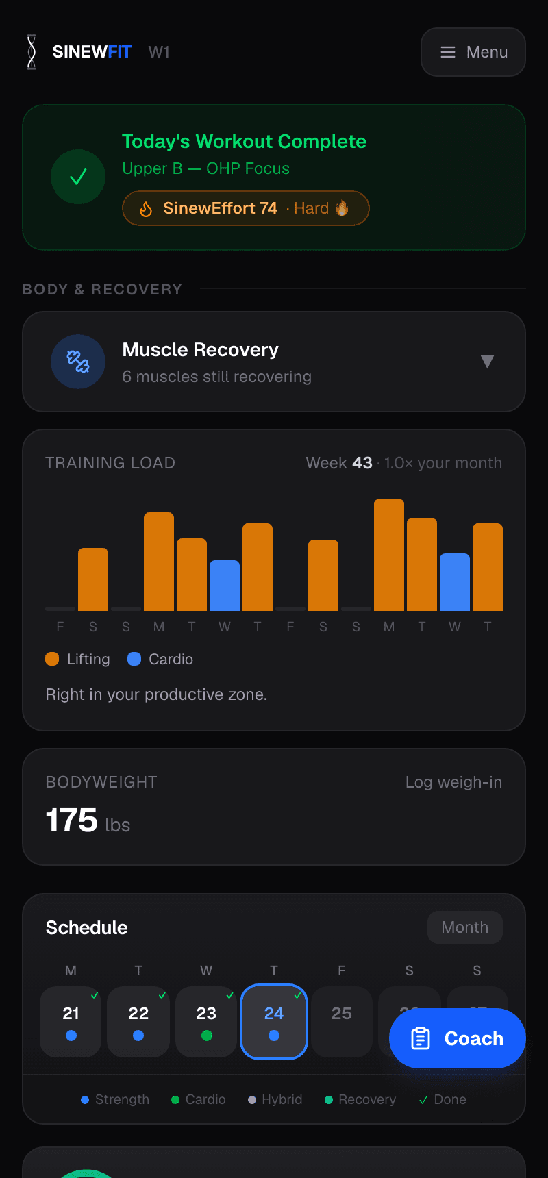 Dashboard showing today's workout and the muscle recovery map.