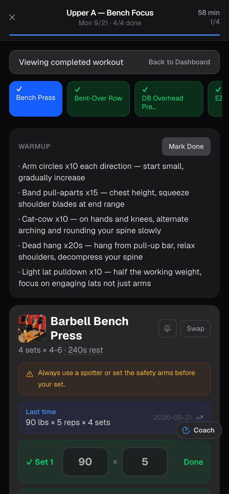 A logged bench press session showing the prescribed sets, rest and the weight from last time.
