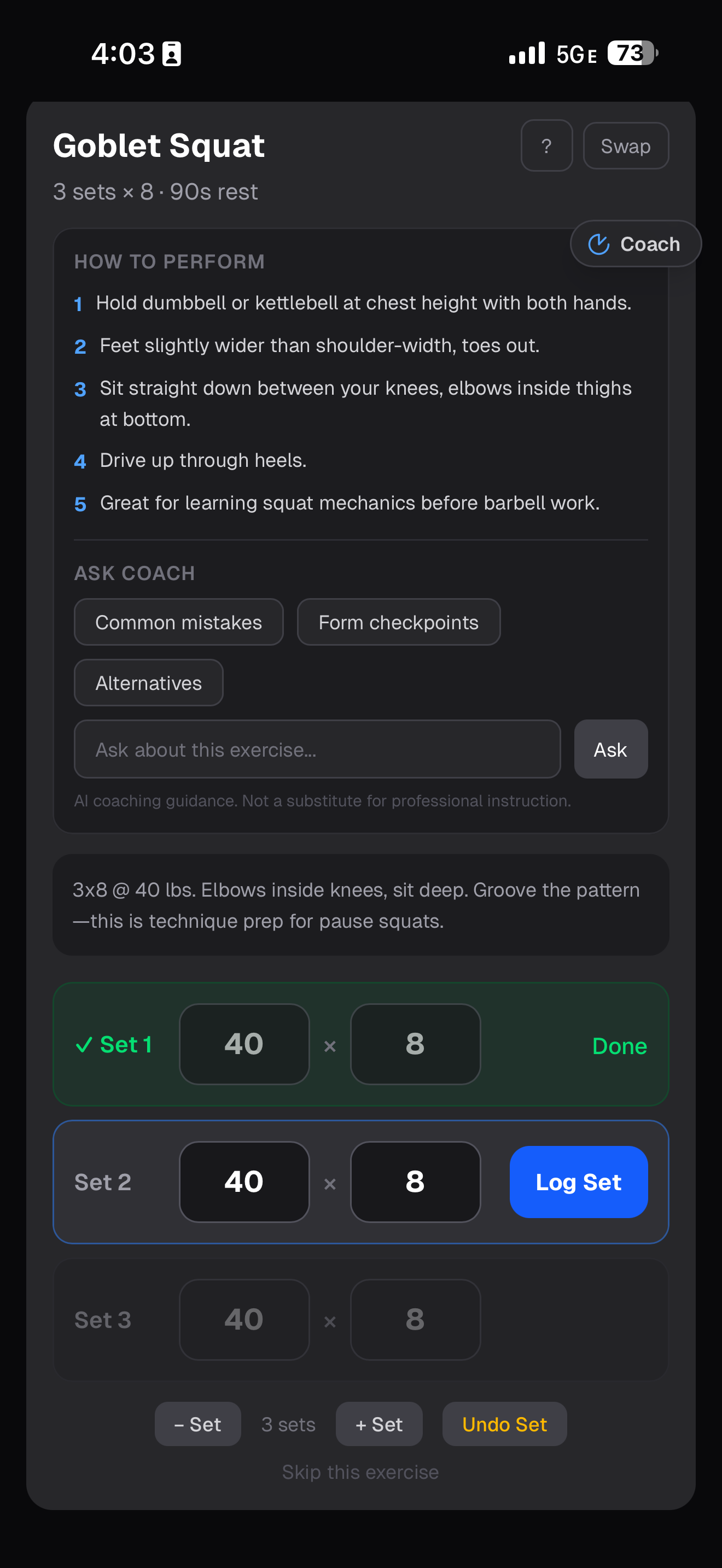 SinewFit in-workout view with exercise instructions, set logging, and weight tracking