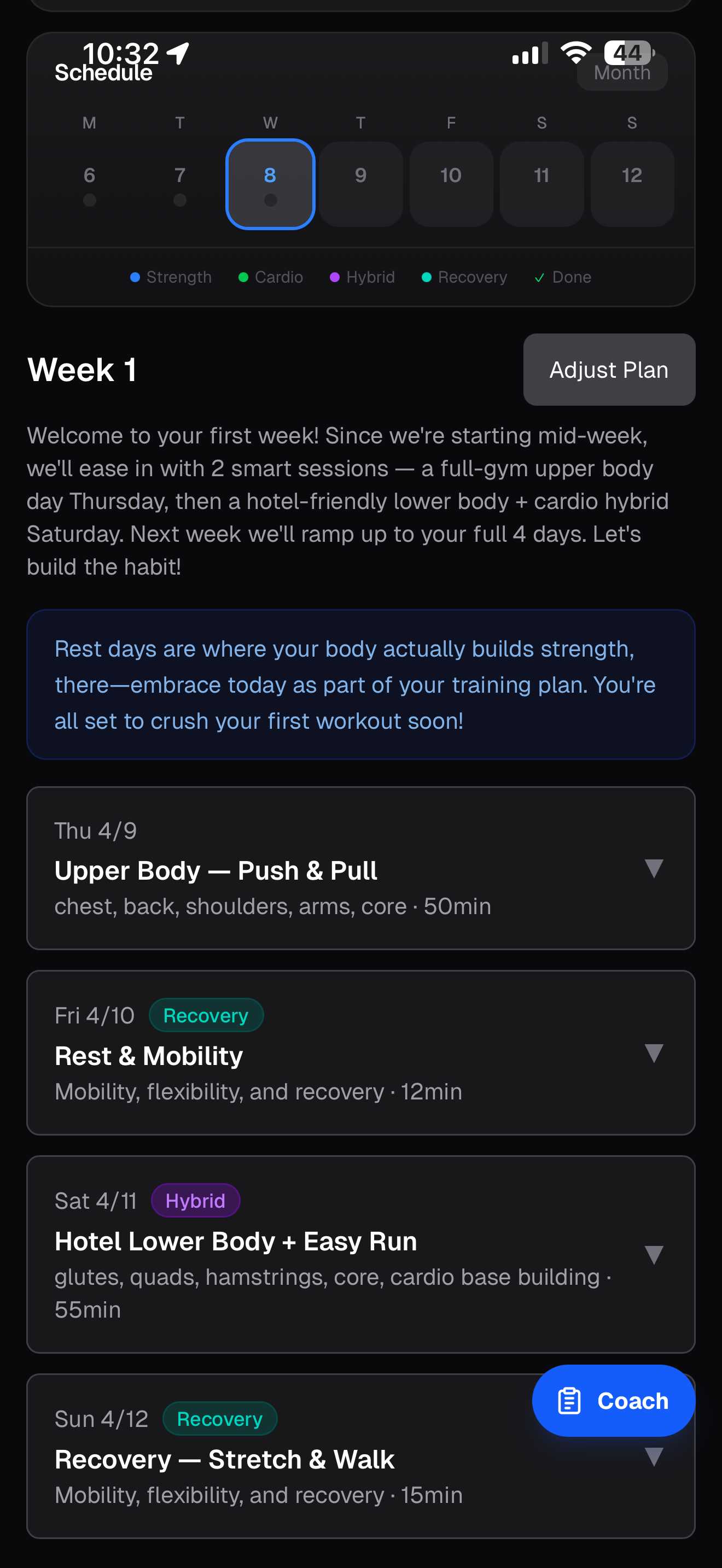 SinewFit weekly plan adapted around hotel travel with strength, hybrid, and recovery days